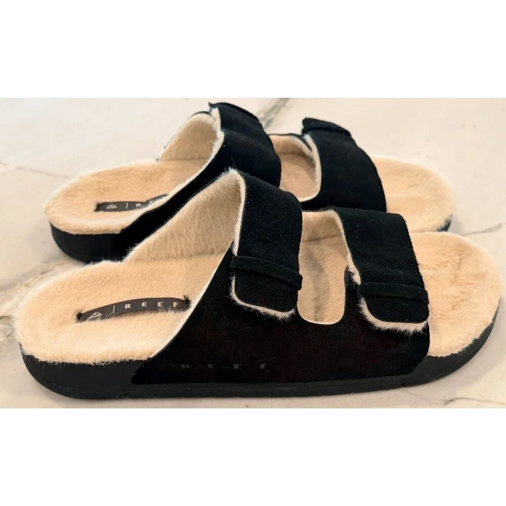 REEF BLACK OJAI TWO BAR COZY SUEDE/ FAUX FUR PLATFORM SANDALS, US 9